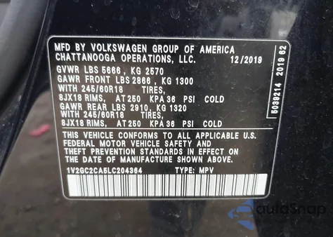 2020 Volkswagen Atlas Cross Sport 2.0T S z USA, uszkodzony, nr VIN 1V2GC2CA5LC204364